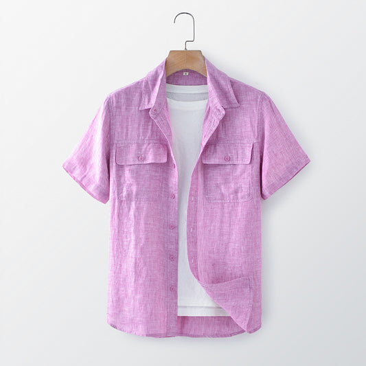 قميص كتان رجالي اكمام قصيرة جيوب امامية بازرار - Lagonna | لاقونا