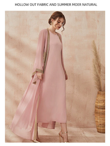 جلابية فخمة وردي قطعتين تطريز ذهبي - Lagonna | لاقونا جلابية فخمة وردي قطعتين تطريز ذهبي - Lagonna | لاقونا