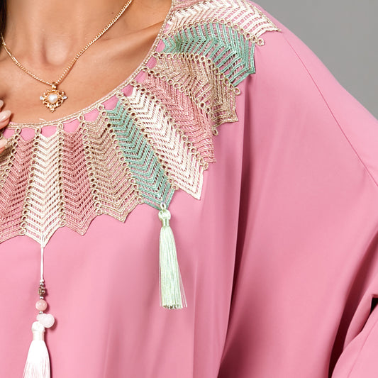 جلابية وردي بشراشيب امامية لون ذهبي - Lagonna | لاقونا