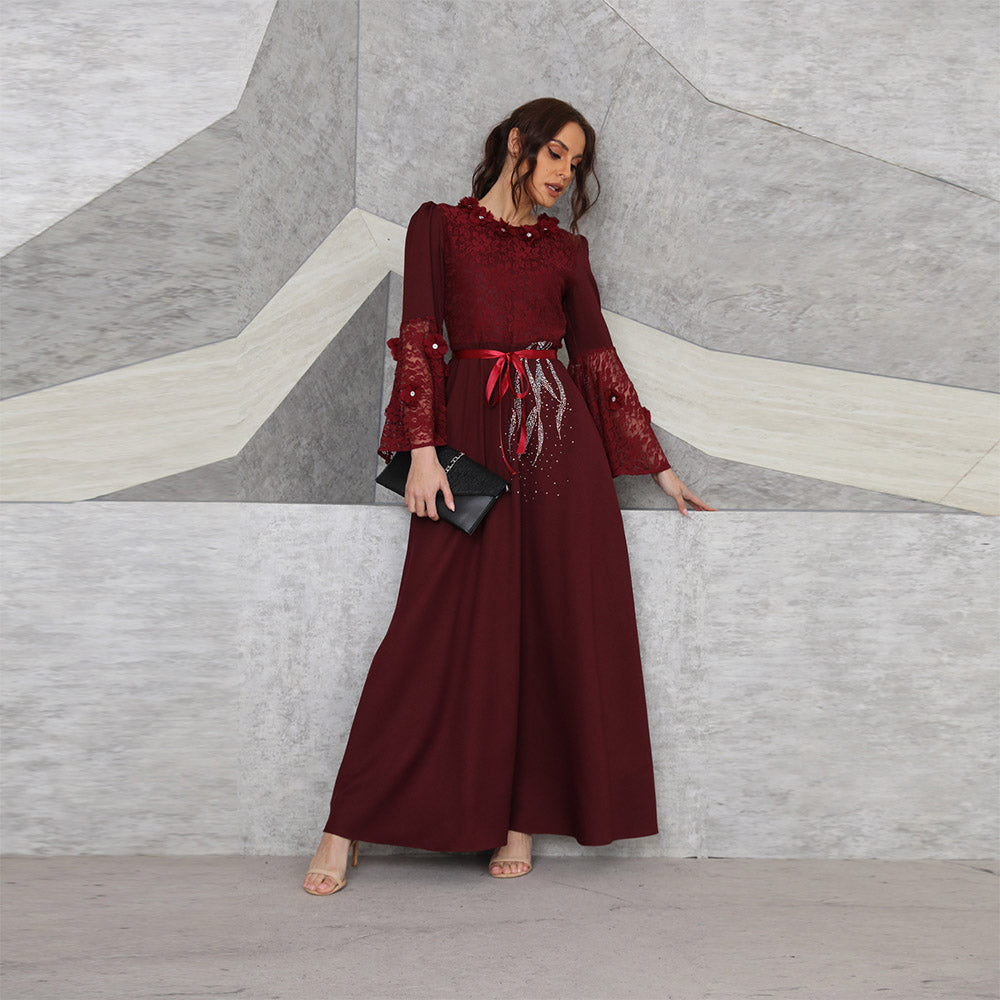 جلابية فستان طويل مطرز بالترتر باللون العنابي - Lagonna | لاقونا جلابية فستان طويل مطرز بالترتر باللون العنابي - Lagonna | لاقونا