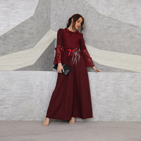 جلابية فستان طويل مطرز بالترتر باللون العنابي - Lagonna | لاقونا جلابية فستان طويل مطرز بالترتر باللون العنابي - Lagonna | لاقونا