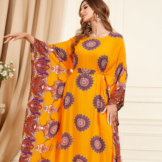 جلابية قطنية مخصرة لون برتقالي مشجرة - Lagonna | لاقونا