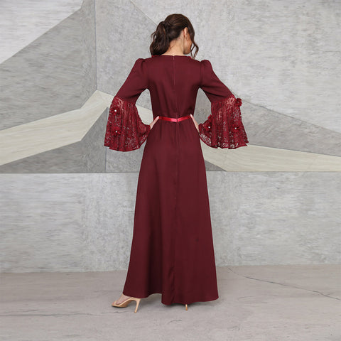 جلابية فستان طويل مطرز بالترتر باللون العنابي - Lagonna | لاقونا