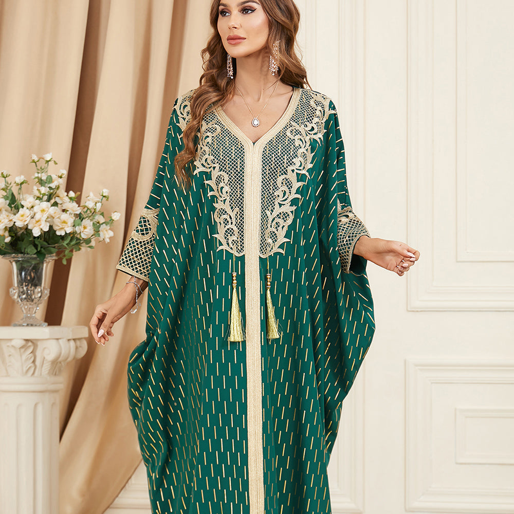 جلابية قطنية تصميم دراعة تطريز برونزي - Lagonna | لاقونا جلابية قطنية تصميم دراعة تطريز برونزي - Lagonna | لاقونا