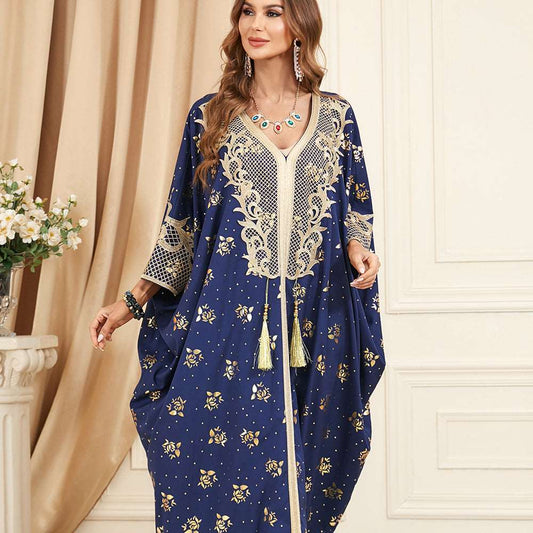 جلابية تصميم دراعة كويتي لون ازرق تطريز ذهبي