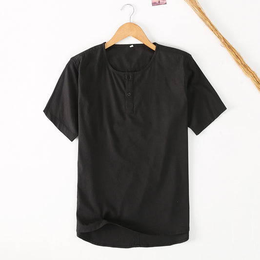 قميص رجالي كتان لون اسود سادة 3 ازارير - Lagonna | لاقونا