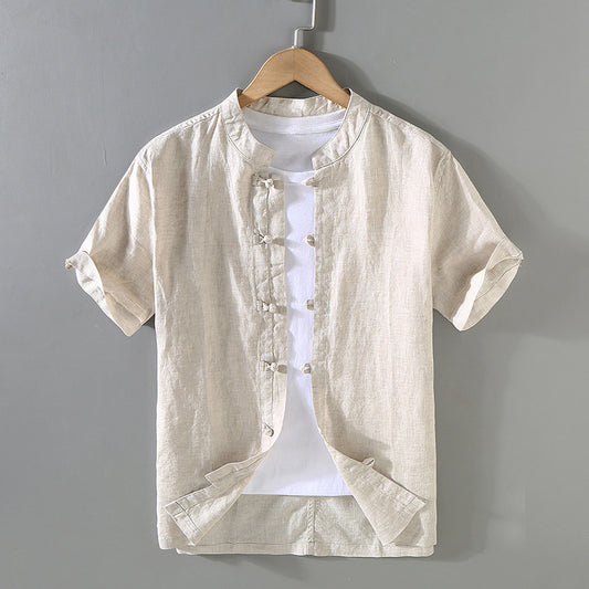 قميص كتان رجالي نص كم تصميم اسيوي - Lagonna | لاقونا