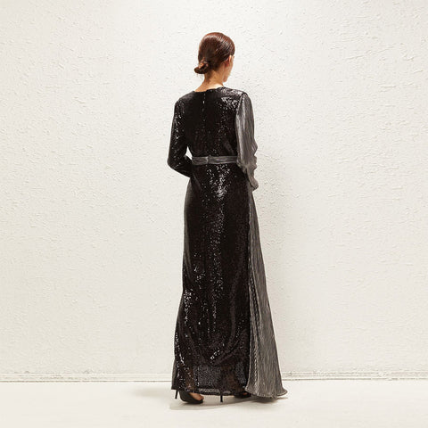 فستان سهرة تصميم اوروبي اكمام طويلة مع حزام - Lagonna | لاقونا