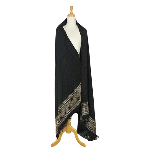 شال كشميري صوف اسود ناعم حزام نقش سداسي بيج - Lagonna | لاقونا
