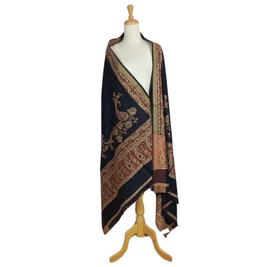 شال كشميري اسود تطريز مذهب و نقش ذهبي و احمر شرقي - Lagonna | لاقونا