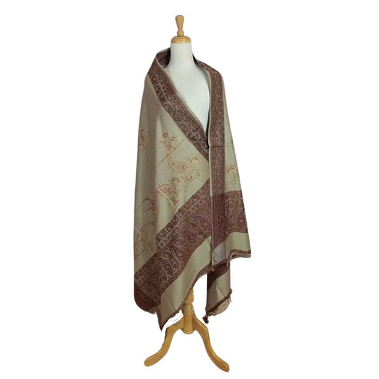 شال كشميري بني فاتح تطريز مذهب و نقش ذهبي و احمر شرقي - Lagonna | لاقونا