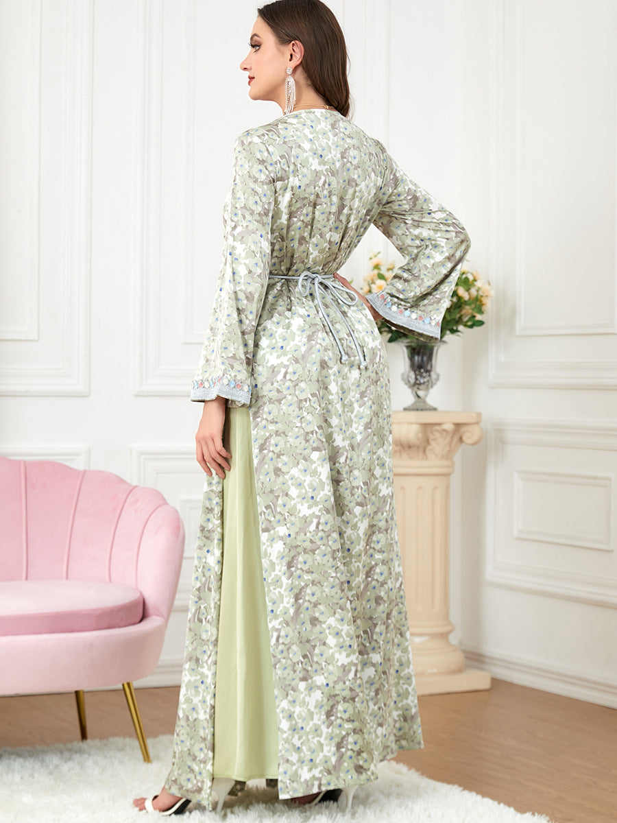 جلابية قفطان قطعتين مع حزام مشجرة نباتي - Lagonna | لاقونا جلابية قفطان قطعتين مع حزام مشجرة نباتي - Lagonna | لاقونا