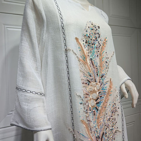جلابية للمناسبات بيضاء مطرزة بالخرز - Lagonna | لاقونا جلابية للمناسبات بيضاء مطرزة بالخرز - Lagonna | لاقونا