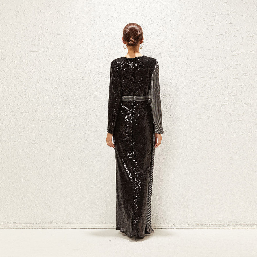 فستان سهرة تصميم اوروبي اكمام طويلة مع حزام - Lagonna | لاقونا
