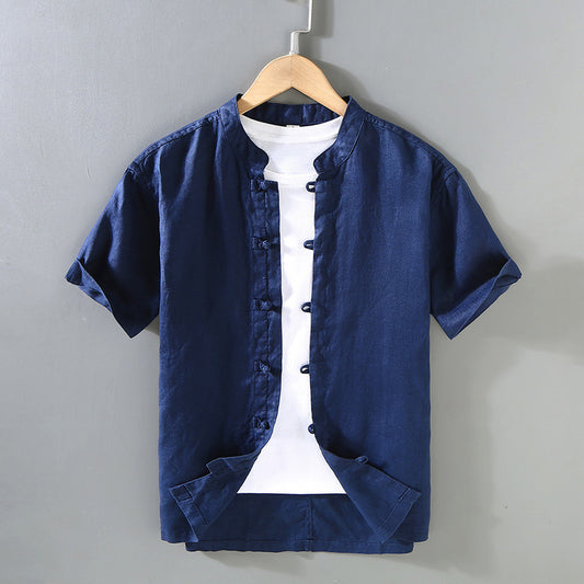 قميص كتان رجالي نص كم تصميم اسيوي - Lagonna | لاقونا