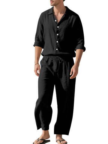 طقم كتان رجالي قميص وبنطال طويل طقم كتان رجالي قميص وبنطال طويل