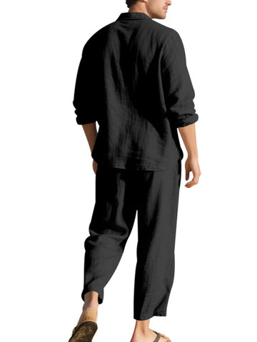 طقم كتان رجالي قميص وبنطال طويل طقم كتان رجالي قميص وبنطال طويل