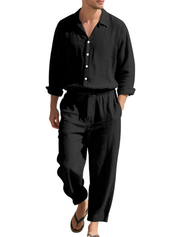 طقم كتان رجالي قميص وبنطال طويل طقم كتان رجالي قميص وبنطال طويل