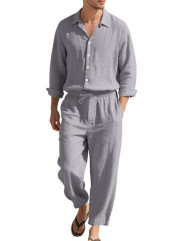 طقم كتان رجالي قميص وبنطال طويل طقم كتان رجالي قميص وبنطال طويل