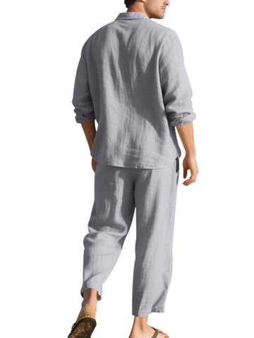 طقم كتان رجالي قميص وبنطال طويل طقم كتان رجالي قميص وبنطال طويل