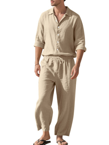 طقم كتان رجالي قميص وبنطال طويل طقم كتان رجالي قميص وبنطال طويل