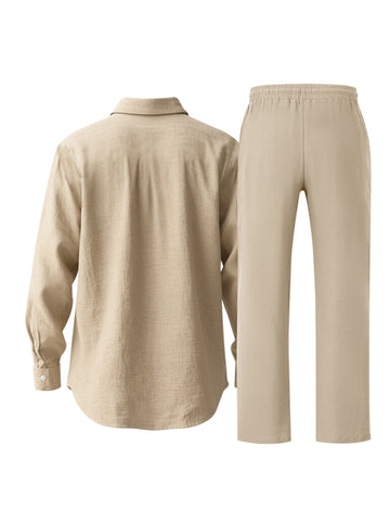 طقم كتان رجالي قميص وبنطال طويل طقم كتان رجالي قميص وبنطال طويل