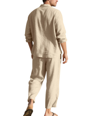 طقم كتان رجالي قميص وبنطال طويل طقم كتان رجالي قميص وبنطال طويل