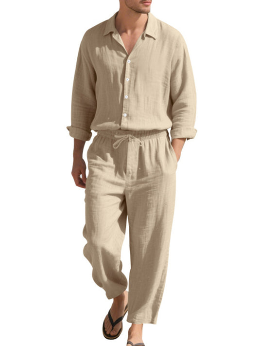 طقم كتان رجالي قميص وبنطال طويل