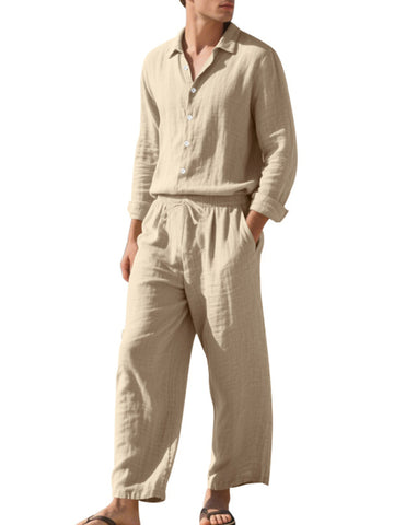 طقم كتان رجالي قميص وبنطال طويل طقم كتان رجالي قميص وبنطال طويل