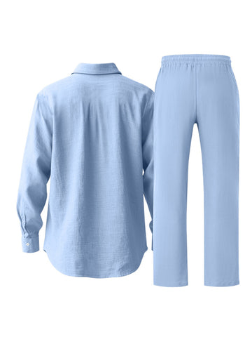 طقم كتان رجالي قميص وبنطال طويل طقم كتان رجالي قميص وبنطال طويل