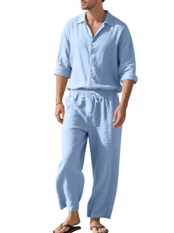 طقم كتان رجالي قميص وبنطال طويل طقم كتان رجالي قميص وبنطال طويل