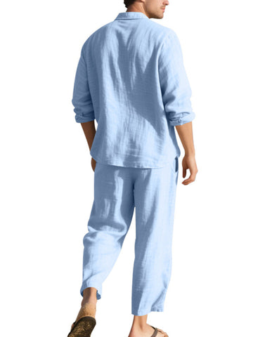 طقم كتان رجالي قميص وبنطال طويل طقم كتان رجالي قميص وبنطال طويل