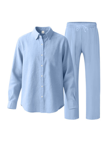 طقم كتان رجالي قميص وبنطال طويل طقم كتان رجالي قميص وبنطال طويل