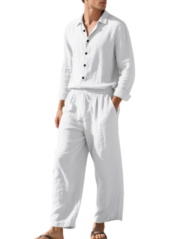 طقم كتان رجالي قميص وبنطال طويل طقم كتان رجالي قميص وبنطال طويل