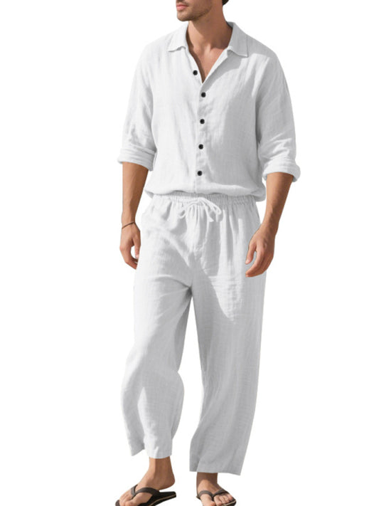 طقم كتان رجالي قميص وبنطال طويل