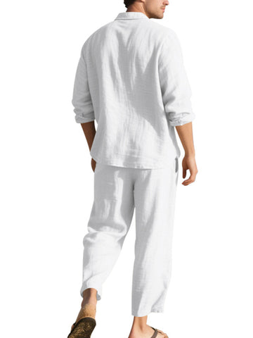 طقم كتان رجالي قميص وبنطال طويل طقم كتان رجالي قميص وبنطال طويل