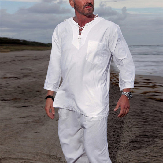 قطعتين قميص و بنطلون قصير  ابيض رجالي صيفي للشاطئ