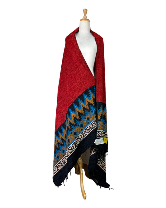 شال صوف كشميري احمر مع ازرق و اسود نقش سدو - Lagonna | لاقونا