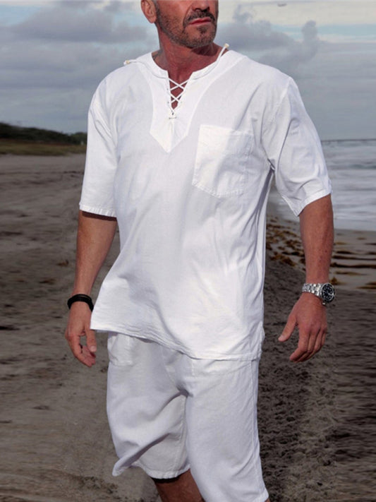 قطعتين قميص و بنطلون قصير  ابيض رجالي صيفي للشاطئ