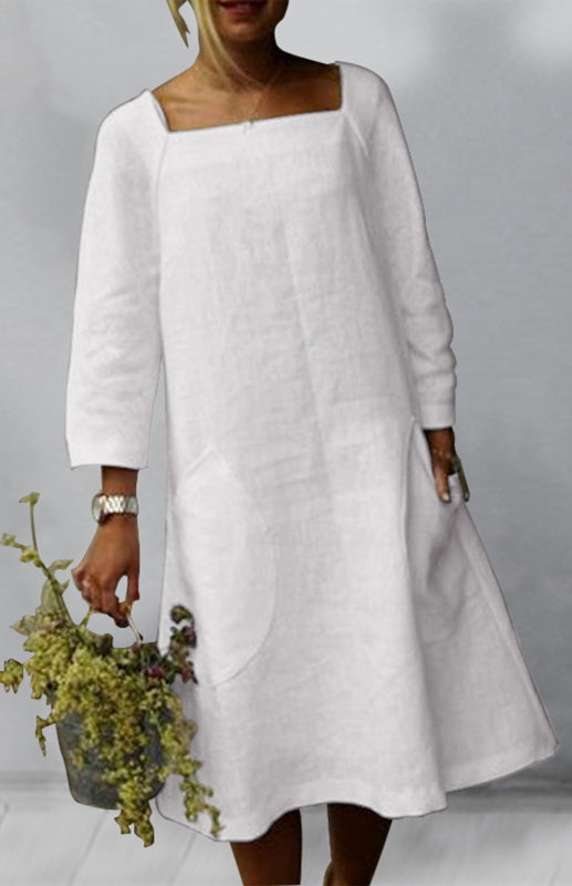 فستان كاجوال نسائي من القطن العادي مع ياقة مربعة وجيب - Lagonna | لاقونا