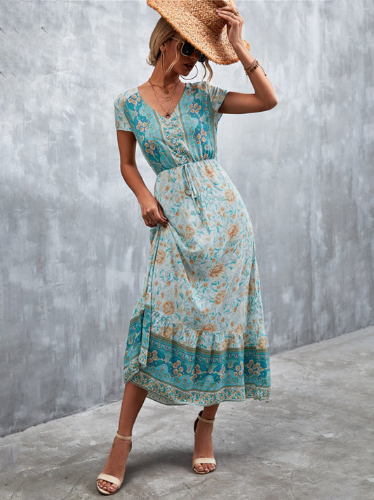 فستان صيفي نمط بوهيمي اكمام قصيرة - Lagonna | لاقونا