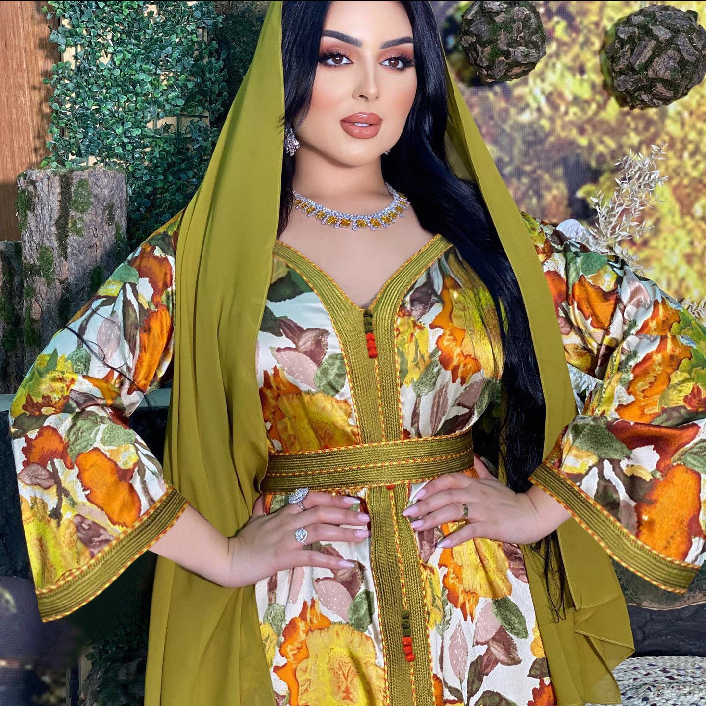 جلابية قفطان زيتي مع طرحه - Lagonna | لاقونا