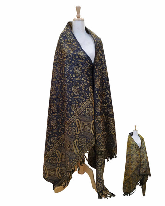 شال كشميري فاخر بوجهين كحلي و ذهبي