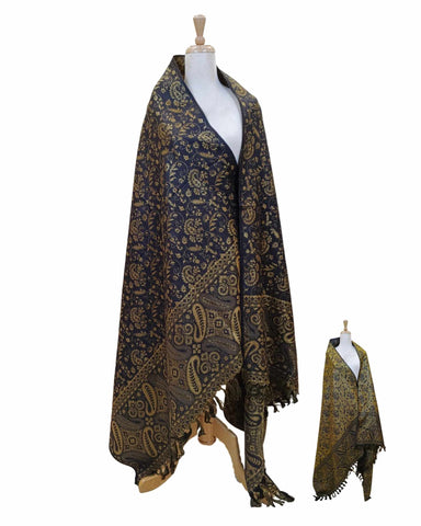 شال كشميري فاخر بوجهين كحلي و ذهبي
