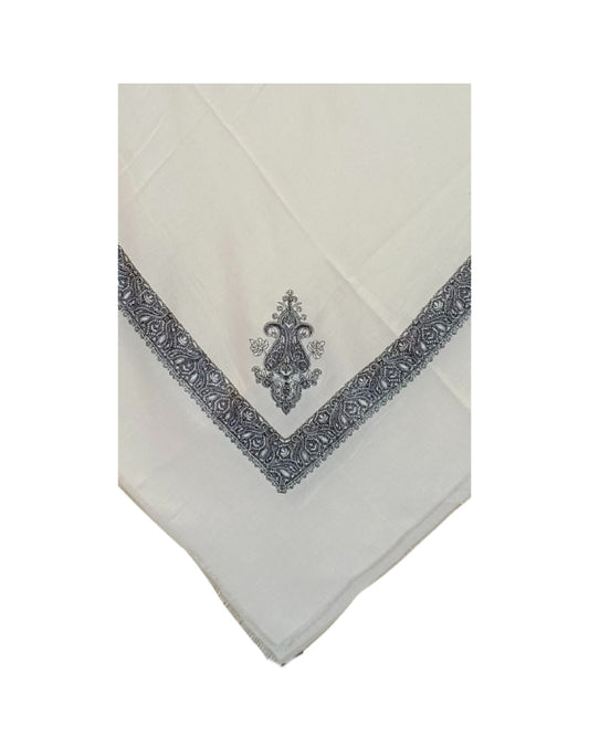 شال كشميري الرجالي الأبيض المطرز بالرمادي
