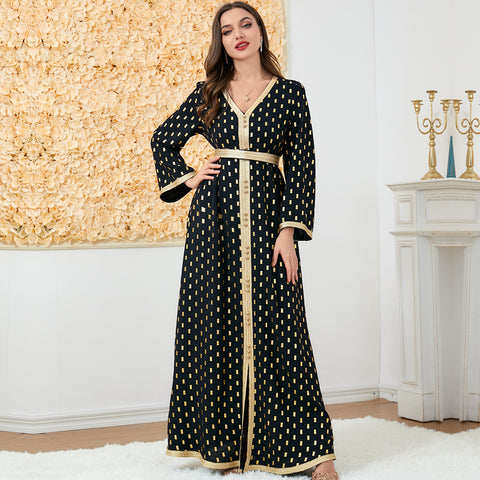 جلابية تصميم قفطان منقطة مع تطريز ذهبي - Lagonna | لاقونا